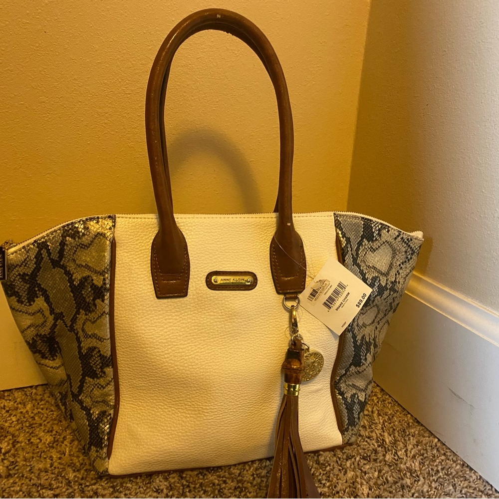 Anne Klein White and Brown Tote with Snake Pattern